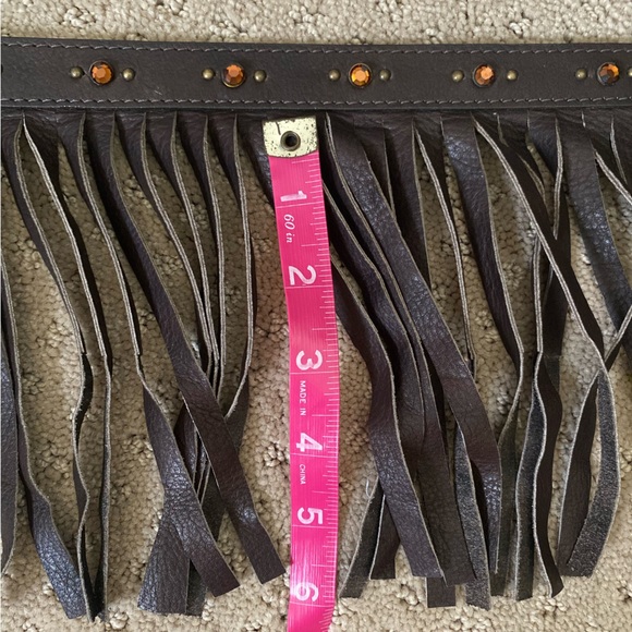 Vintage BOHO amber rhinestone studded Leather Fringe Waist Wrap statement belt - Picture 8 of 11